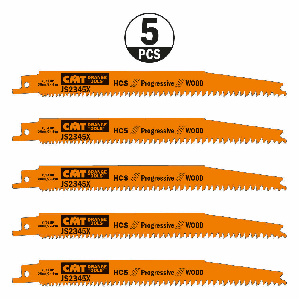 CMT JS2345X-5 RECIPROCATING SAW BLADES for WOOD (HCS) 8”x 6-10TPI  (5-PCS.)