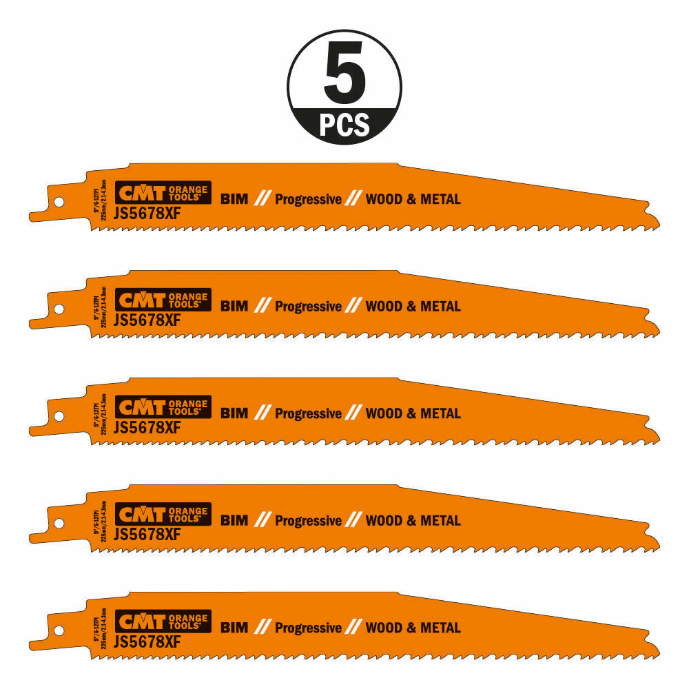 CMT JS5678XF-5 RECIPROCATING SAW BLADES for WOOD&METAL (BIM) 9”x 6-12TPI  (5-PCS.)
