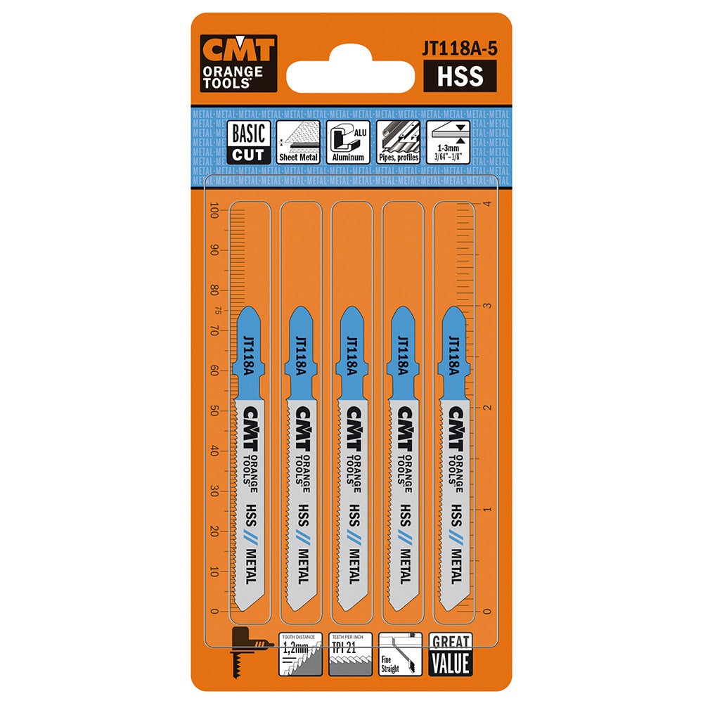 CMT JT118A-5 JIG SAW BLADES METAL/FINE STRAIGHT (HSS) 3”x 21TPI (5-PCS.)