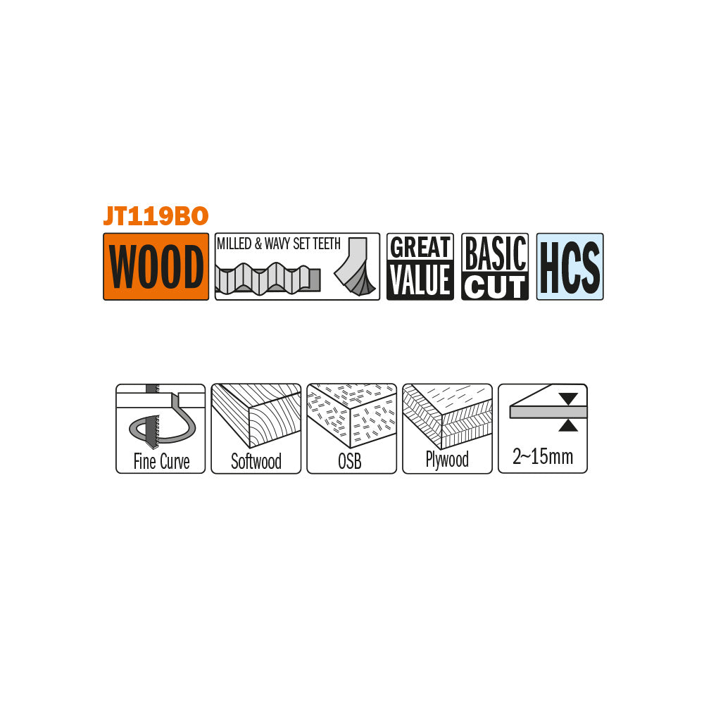 CMT JT119BO-5 JIG SAW BLADES WOOD/FINE CURVE (HCS) 3”x 12TPI (5-PCS.)