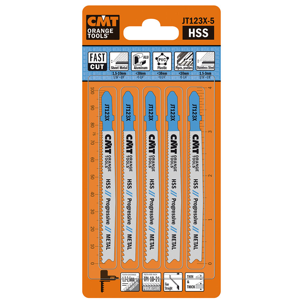 CMT JT123X-5 JIG SAW BLADES METAL/FINE STRAIGHT (HSS) 4”x 10-21TPI (5-PCS.)