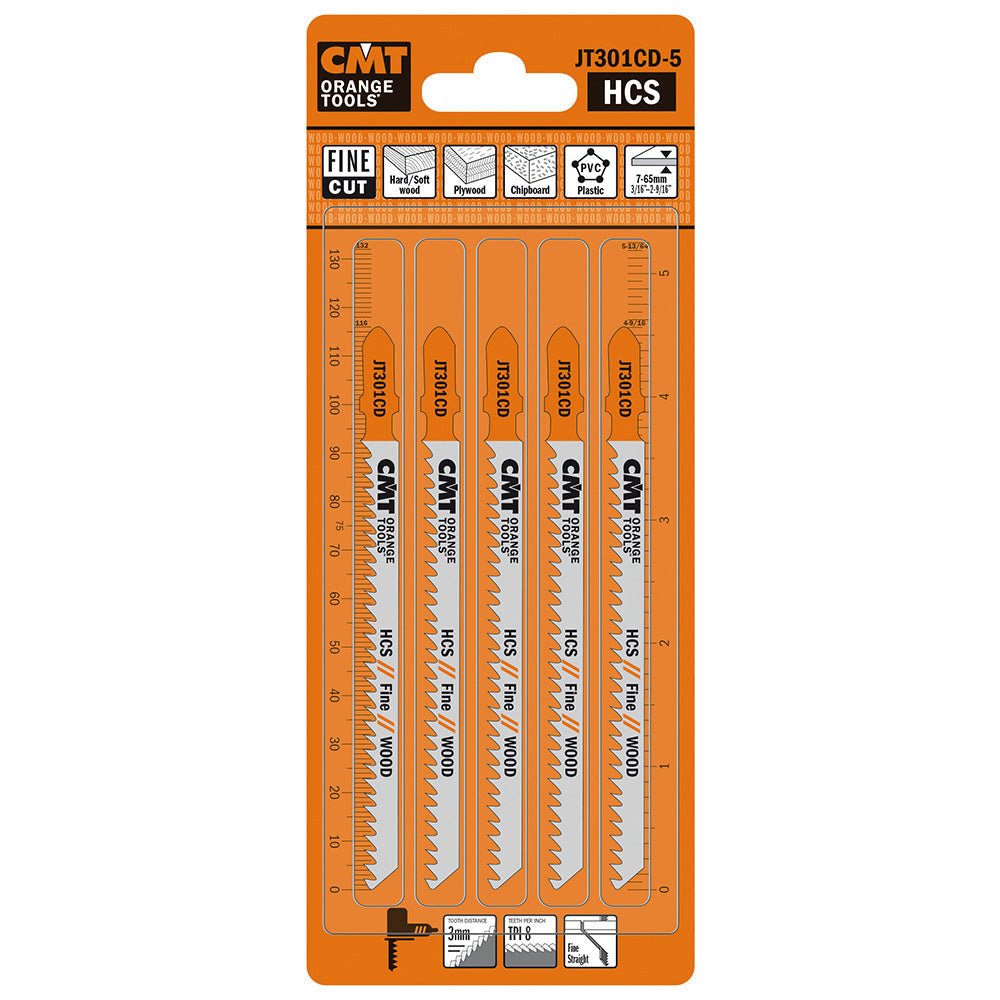 CMT JT301CD-5 JIG SAW BLADES WOOD/FINE STRAIGHT (HCS) 4-1/2”x 8TPI (5-PCS.)