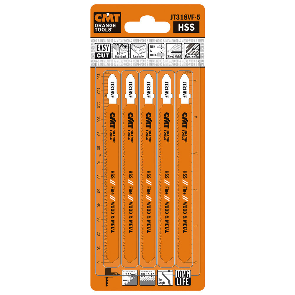 CMT JT318VF-5 JIG SAW BLADES WOOD&METAL/FINE STRAIGHT (BIM) 5-1/4”x10-15TPI (5-PCS.)